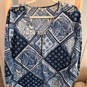 Millage Navy and White Patchwork Paisley Zip-Front Blouse